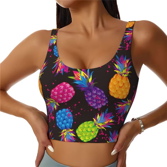 Sports Bras for Women High Support -Colorful Pineapple Black Soft Athletic Crop Workout Tank Top for Women