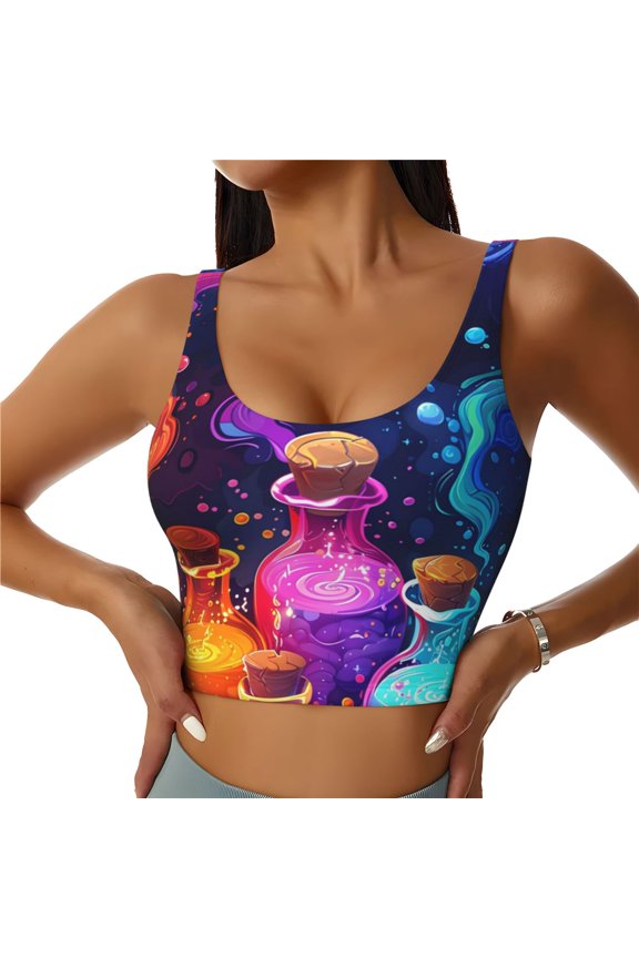 Sports Bras for Women High Support -Colorful Potion Bottles Magic Soft Athletic Crop Workout Tank Top for Women