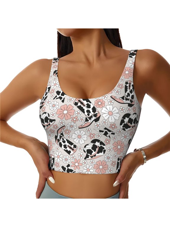 Sports Bras for Women High Support -Cow Print Cowboy Hat Boots Flower Soft Athletic Crop Workout Tank Top for Women
