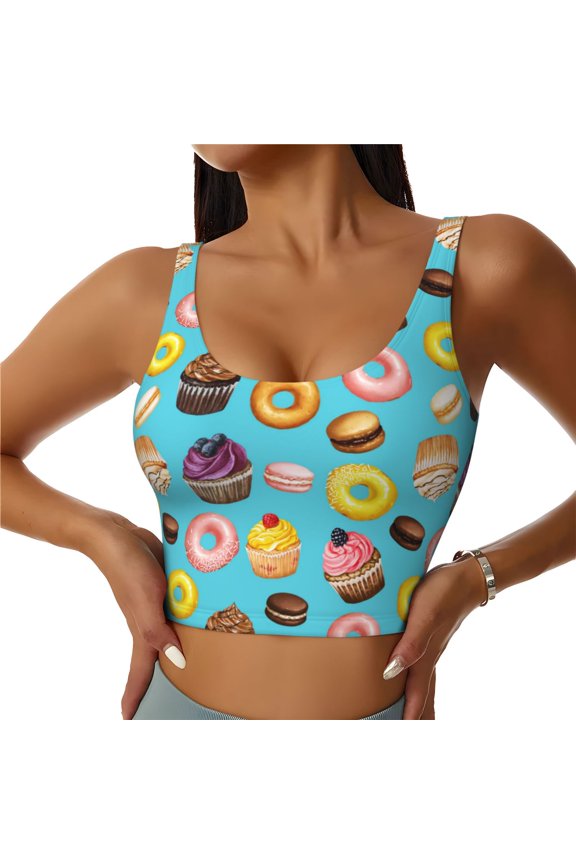 Sports Bras for Women High Support -Cupcake Donut Macaroon Prints Soft Athletic Crop Workout Tank Top for Women