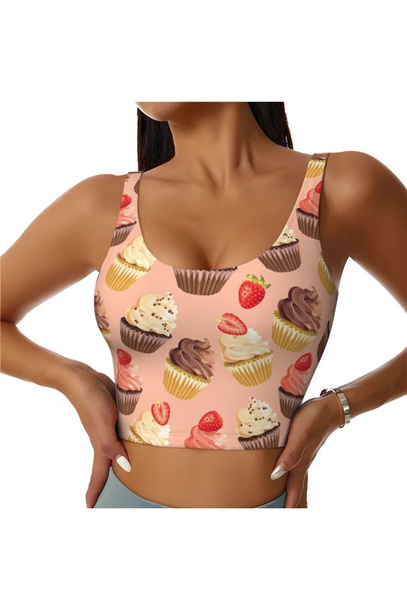 Sports Bras for Women High Support -Cupcake Strawberry Print Soft Athletic Crop Workout Tank Top for Women