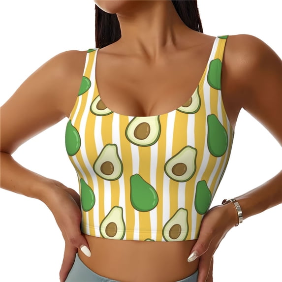 Sports Bras for Women High Support -Cute Avocado Yellow Stripe Soft Athletic Crop Workout Tank Top for Women