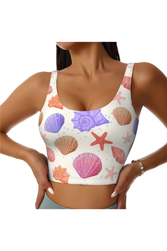 Sports Bras for Women High Support -Cute Cartoon Conch Shell Starfish Soft Athletic Crop Workout Tank Top for Women