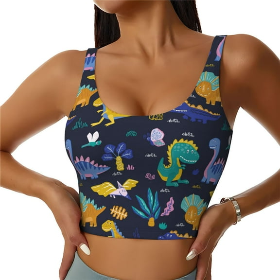 Sports Bras for Women High Support -Cute Cartoon Dinosaur Print Soft Athletic Crop Workout Tank Top for Women