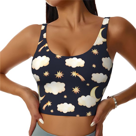 Sports Bras for Women High Support -Cute Clouds Moon Stars Starry Sky Soft Athletic Crop Workout Tank Top for Women