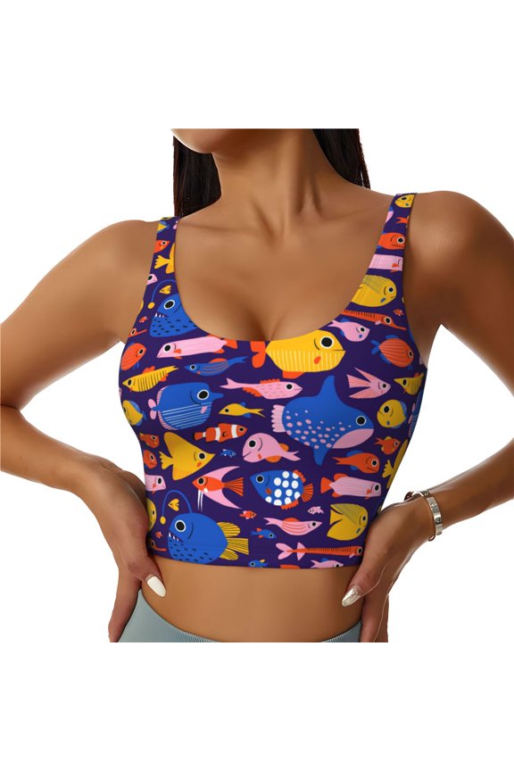 Sports Bras for Women High Support -Cute Flat Hand Drawn Fishes Soft Athletic Crop Workout Tank Top for Women