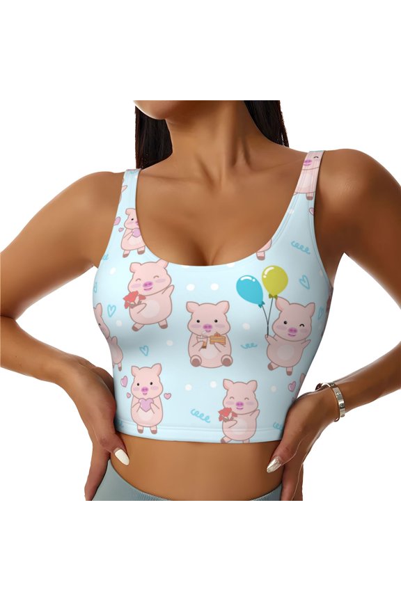 Sports Bras for Women High Support -Cute Pig Balloon Flower Soft Athletic Crop Workout Tank Top for Women