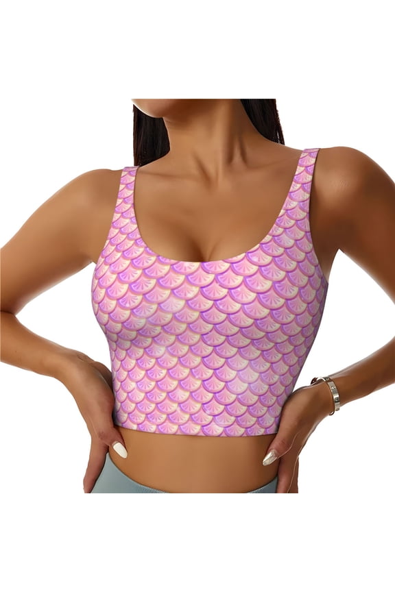 Sports Bras for Women High Support -Cute Pink Fish Scale Soft Athletic Crop Workout Tank Top for Women