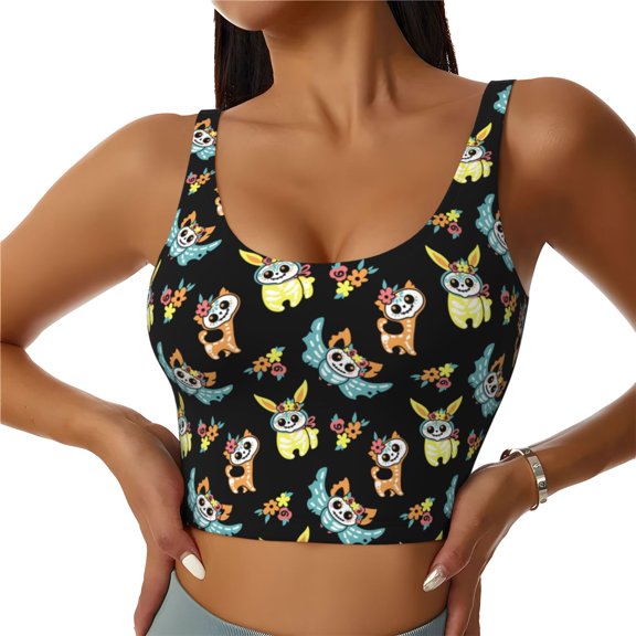 Sports Bras for Women High Support -Cute Skulls Rabbit Cat Bat Black Soft Athletic Crop Workout Tank Top for Women
