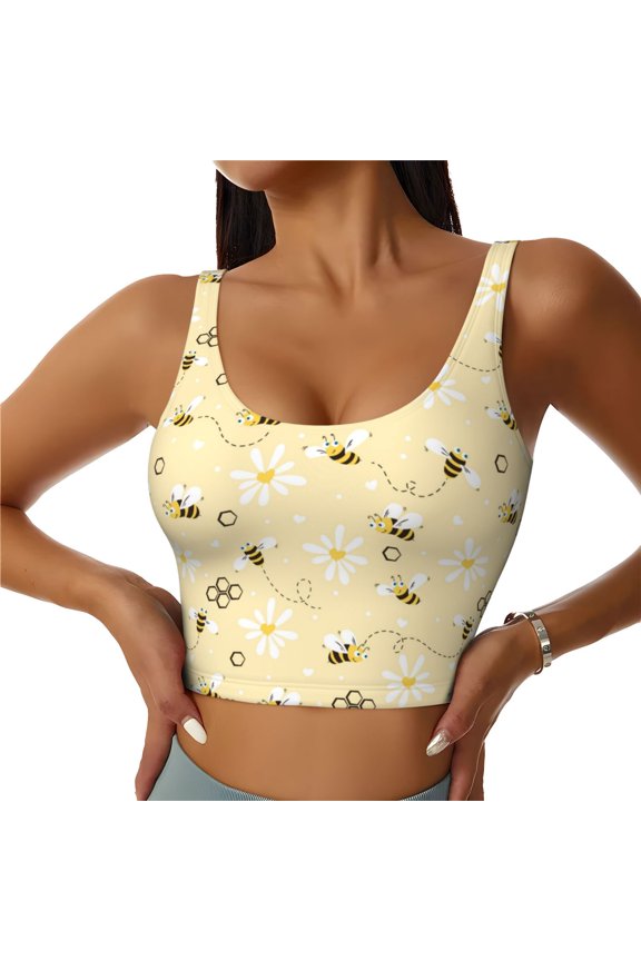 Sports Bras for Women High Support -Daisy Bee Yellow Cute Cartoon Soft Athletic Crop Workout Tank Top for Women