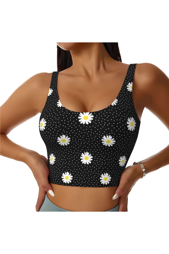 Sports Bras for Women High Support -Daisy Polka Dot Dotted Black Soft Athletic Crop Workout Tank Top for Women