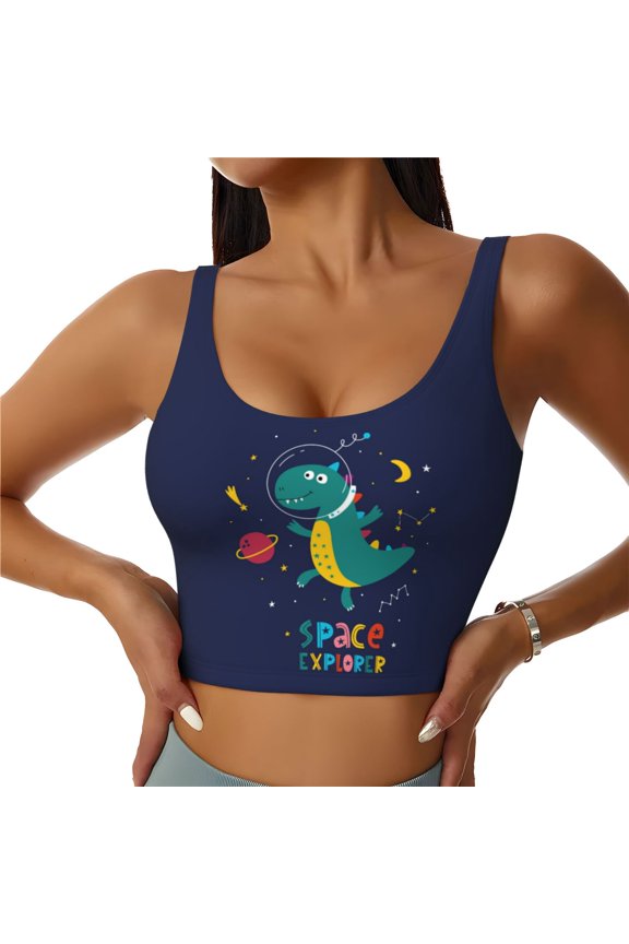 Sports Bras for Women High Support -Dinosau Space Explorer Soft Athletic Crop Workout Tank Top for Women