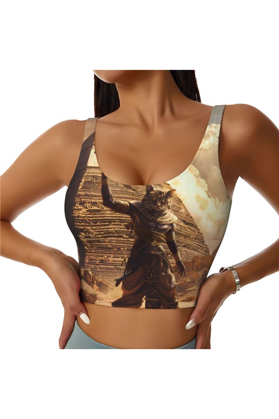 Sports Bras for Women High Support -Egyptian Cat Pharaoh Magic Soft Athletic Crop Workout Tank Top for Women