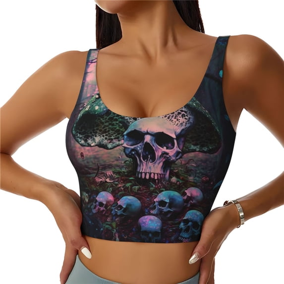 Sports Bras for Women High Support -Forest Mushroom Skull Soft Athletic Crop Workout Tank Top for Women