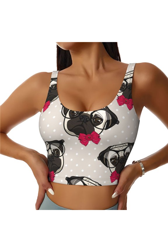 Sports Bras for Women High Support -Funny Dog Pug Red Bow Glasses Soft Athletic Crop Workout Tank Top for Women
