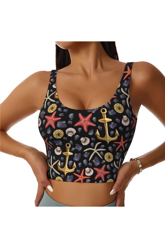Sports Bras for Women High Support -Golden Anchors Starfishes Shells Rope Soft Athletic Crop Workout Tank Top for Women