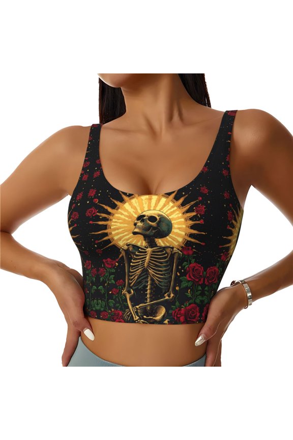 Sports Bras for Women High Support -Gothic Skeleton With Roses Soft Athletic Crop Workout Tank Top for Women