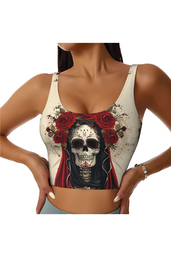 Sports Bras for Women High Support -Gothic Skull With Roses Soft Athletic Crop Workout Tank Top for Women
