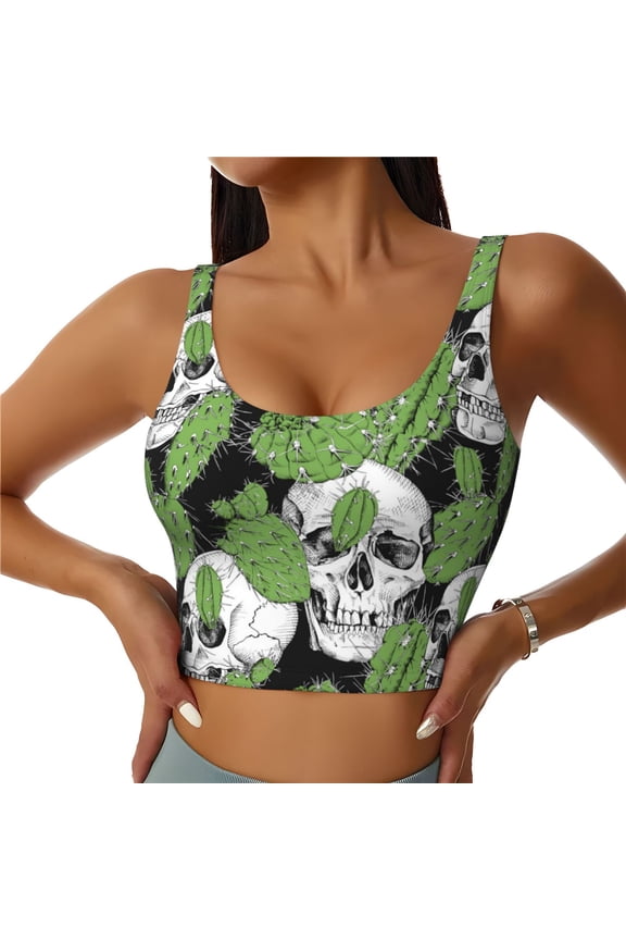 Sports Bras for Women High Support -Green Cactus Skull Soft Athletic Crop Workout Tank Top for Women