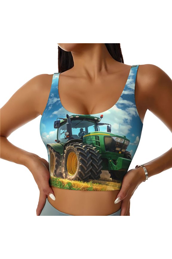 Sports Bras for Women High Support -Green Tractor Field Soft Athletic Crop Workout Tank Top for Women