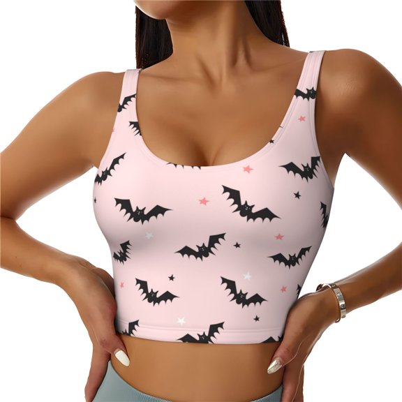Sports Bras for Women High Support -Halloween Black Bats Star Pink Soft Athletic Crop Workout Tank Top for Women
