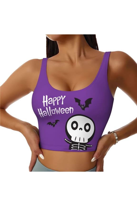 Sports Bras for Women High Support -Halloween Funny Skeleton Purple Soft Athletic Crop Workout Tank Top for Women