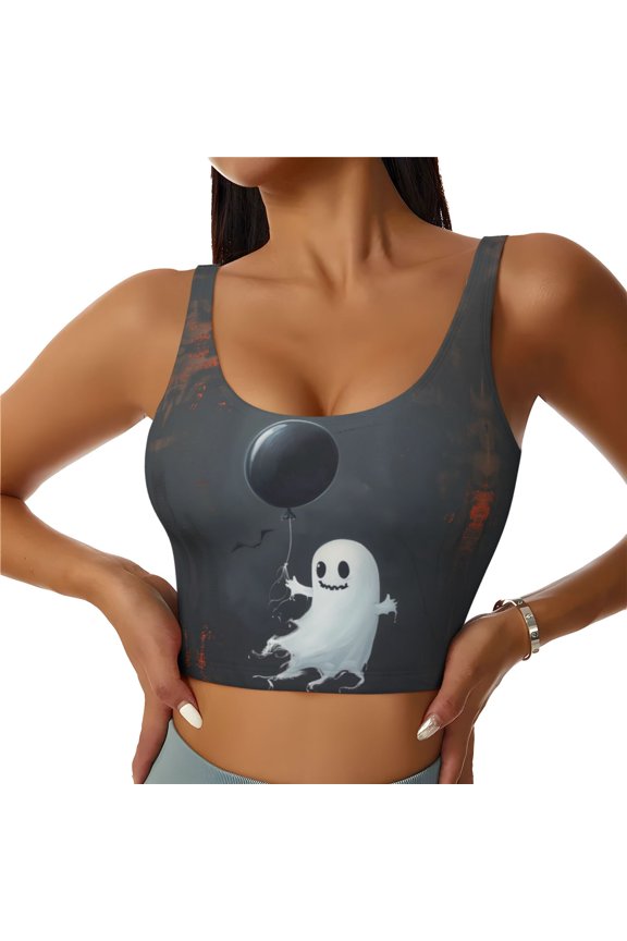 Sports Bras for Women High Support -Halloween Ghost Black Balloon Soft Athletic Crop Workout Tank Top for Women