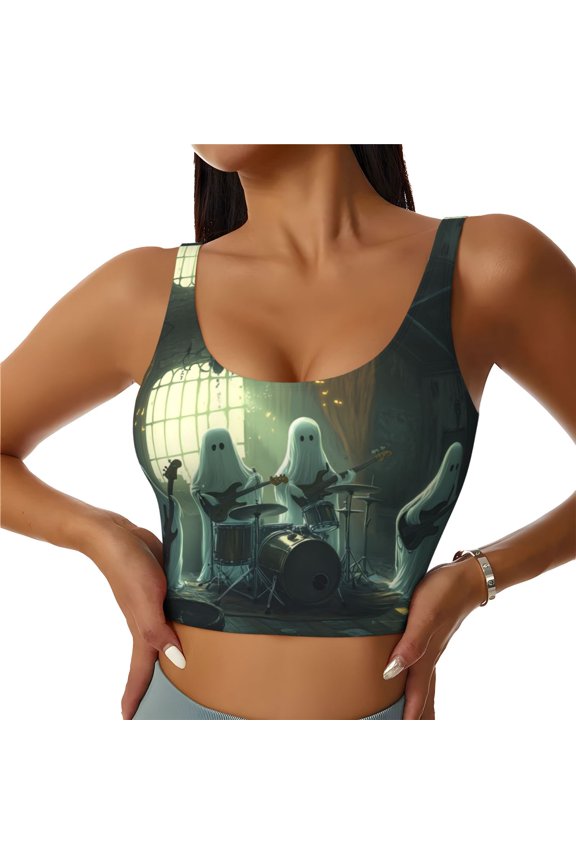 Sports Bras for Women High Support -Halloween Ghost Guitar Band Soft Athletic Crop Workout Tank Top for Women