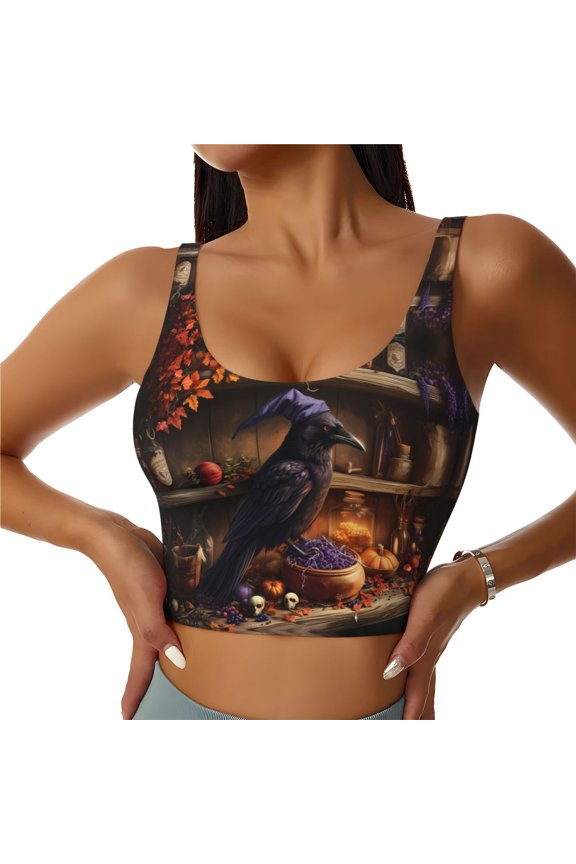 Sports Bras for Women High Support -Halloween Kitchen Crow Soft Athletic Crop Workout Tank Top for Women