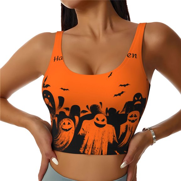 Sports Bras for Women High Support -Halloween Orange Ghost Soft Athletic Crop Workout Tank Top for Women