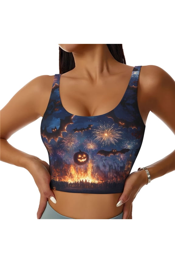 Sports Bras for Women High Support -Halloween Pumpkin Bat Glow K Soft Athletic Crop Workout Tank Top for Women