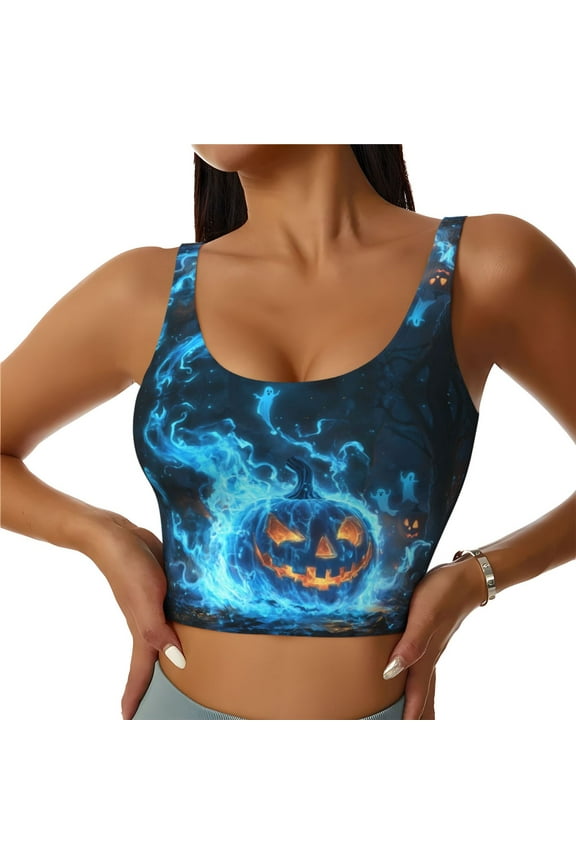 Sports Bras for Women High Support -Halloween Pumpkin Ghost Blue Flame Soft Athletic Crop Workout Tank Top for Women