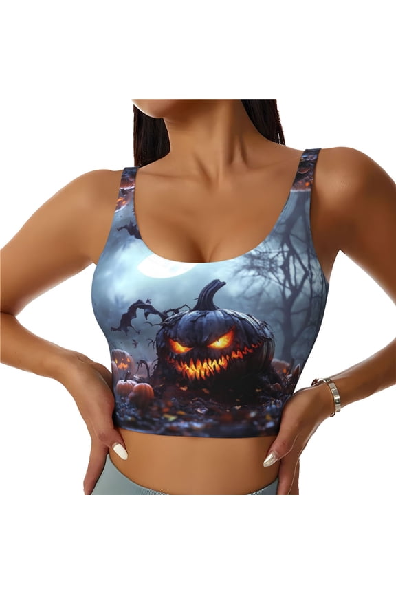 Sports Bras for Women High Support -Halloween Pumpkin Monster D Soft Athletic Crop Workout Tank Top for Women