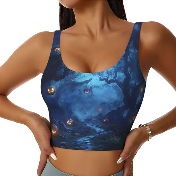Sports Bras for Women High Support -Halloween Pumpkin Night Forest Soft Athletic Crop Workout Tank Top for Women