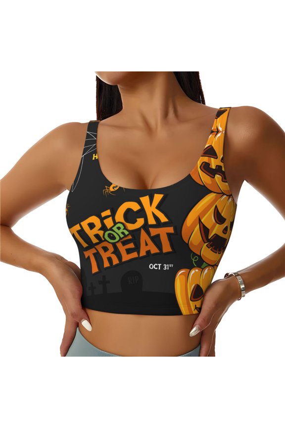 Sports Bras for Women High Support -Halloween Pumpkin Trick Or Treat K Soft Athletic Crop Workout Tank Top for Women
