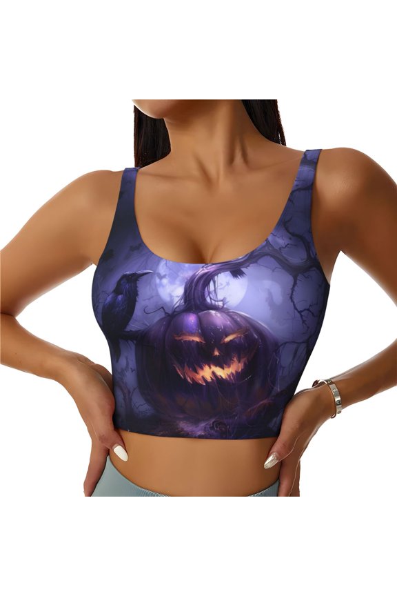Sports Bras for Women High Support -Halloween Purple Pumpkin Crow Soft Athletic Crop Workout Tank Top for Women