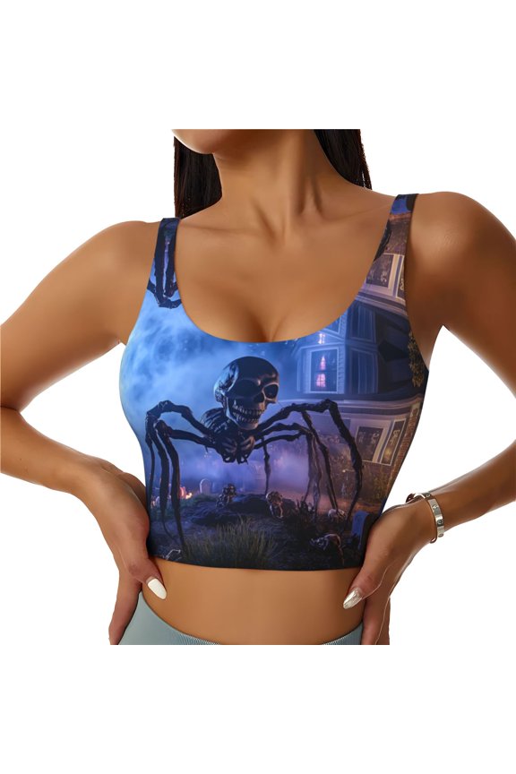 Sports Bras for Women High Support -Halloween Skeleton Spider Soft Athletic Crop Workout Tank Top for Women