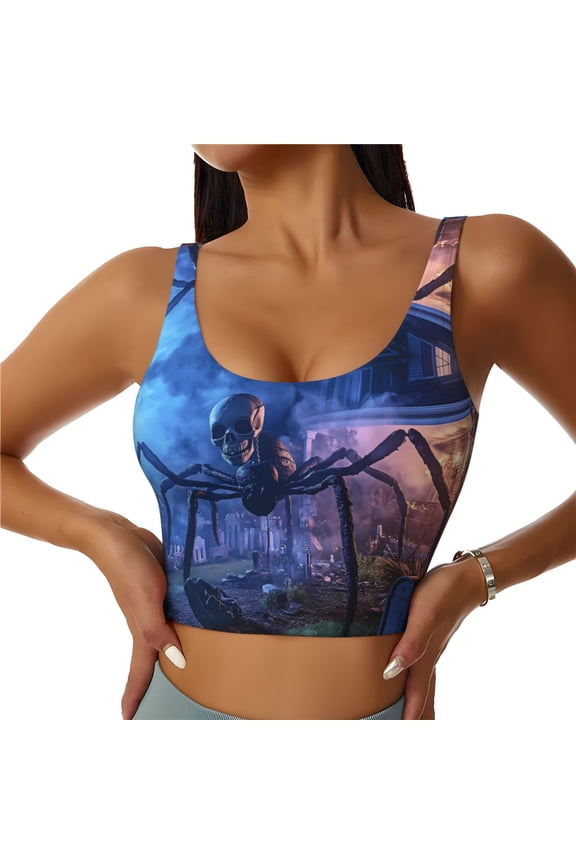 Sports Bras for Women High Support -Halloween Skeleton Spider Tombstone Soft Athletic Crop Workout Tank Top for Women