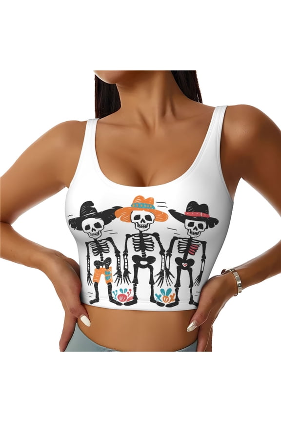 Sports Bras for Women High Support -Halloween Skeleton Trio Soft Athletic Crop Workout Tank Top for Women