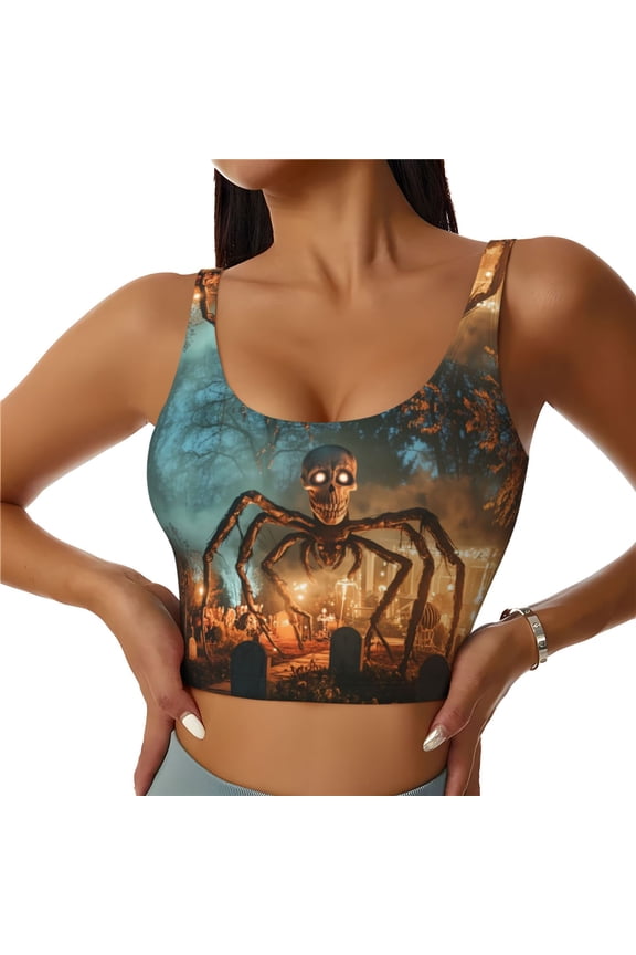 Sports Bras for Women High Support -Halloween Spider Skull Monster Soft Athletic Crop Workout Tank Top for Women