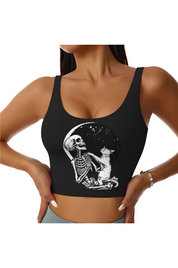 Sports Bras for Women High Support -Halloween Vintage Skeleton Cat Soft Athletic Crop Workout Tank Top for Women