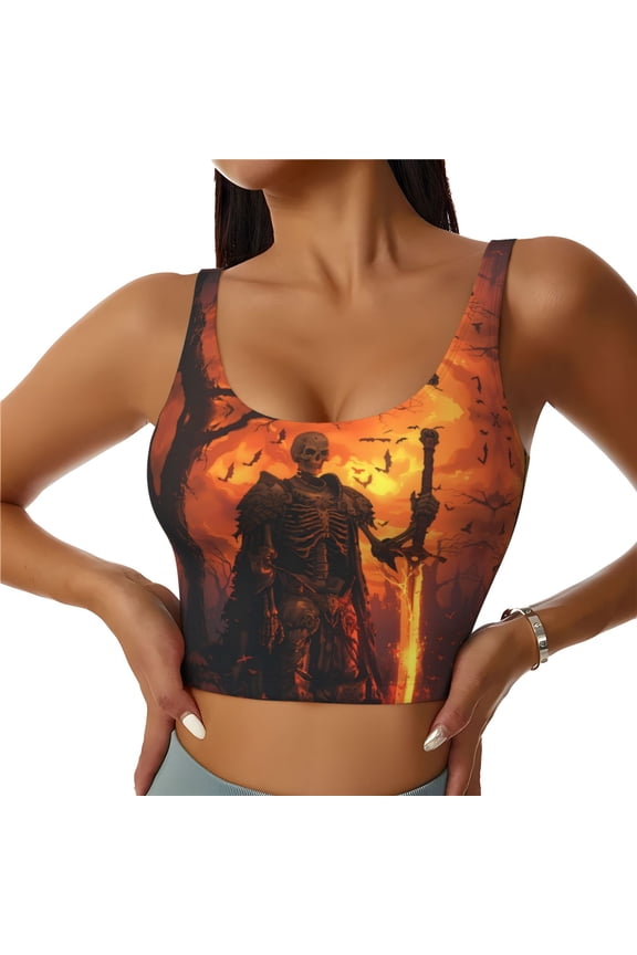 Sports Bras for Women High Support -Halloween Vintage Skeleton Knight Soft Athletic Crop Workout Tank Top for Women