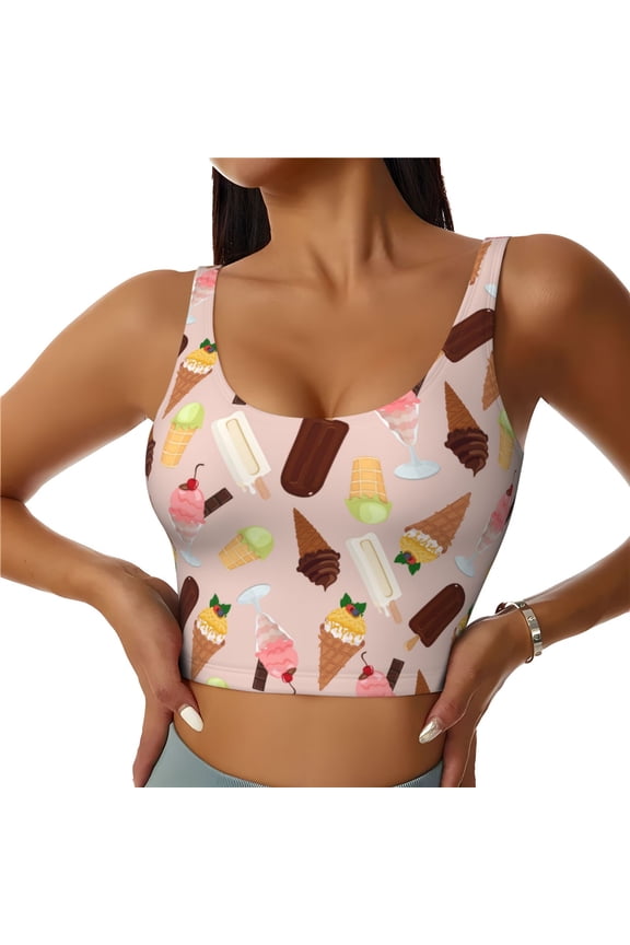 Sports Bras for Women High Support -Ice Cream Cone Print Soft Athletic Crop Workout Tank Top for Women