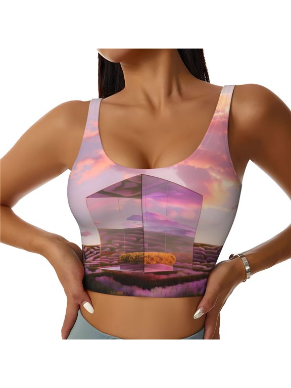 Sports Bras for Women High Support -Lavender Fields Mirror Cube Soft Athletic Crop Workout Tank Top for Women