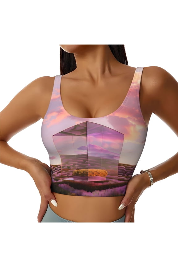 Sports Bras for Women High Support -Lavender Fields Mirror Cube Soft Athletic Crop Workout Tank Top for Women
