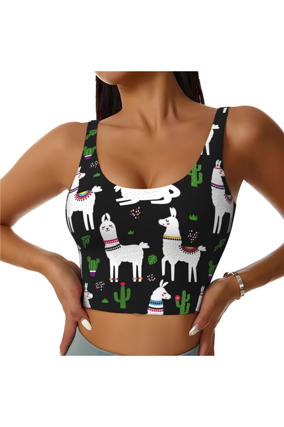 Sports Bras for Women High Support -Llama Alpaca Cactus Black Cute Soft Athletic Crop Workout Tank Top for Women