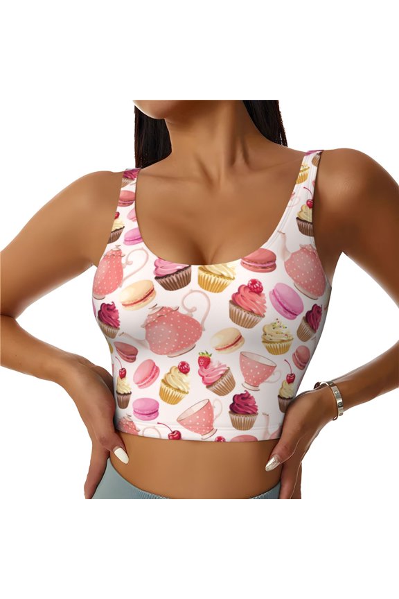 Sports Bras for Women High Support -Macaroon Cupcake Print Pink Soft Athletic Crop Workout Tank Top for Women