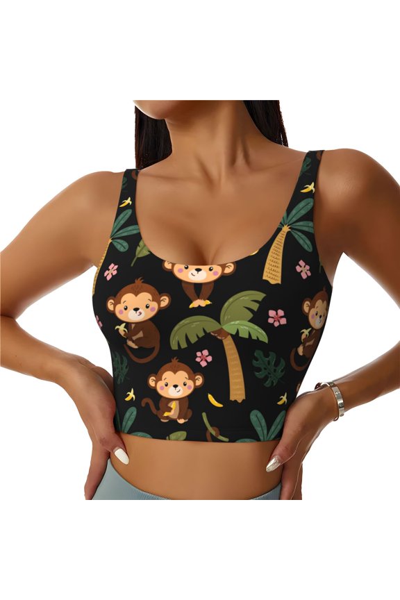 Sports Bras for Women High Support -Monkeys Swinging From Palms Soft Athletic Crop Workout Tank Top for Women