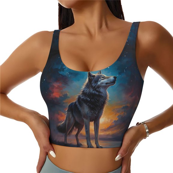 Sports Bras for Women High Support -Moonlit Night Sky Wolf Soft Athletic Crop Workout Tank Top for Women