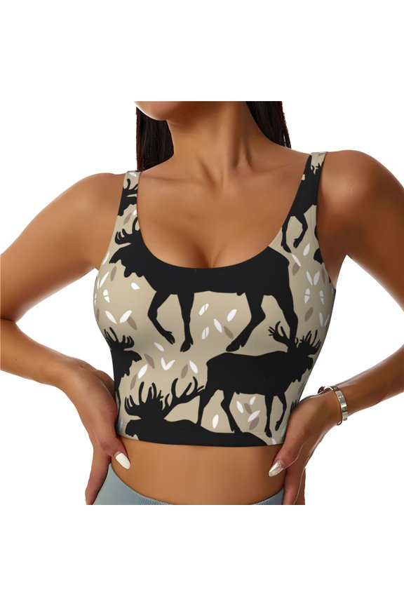 Sports Bras for Women High Support -Moose Antlers Elk Vintage Soft Athletic Crop Workout Tank Top for Women